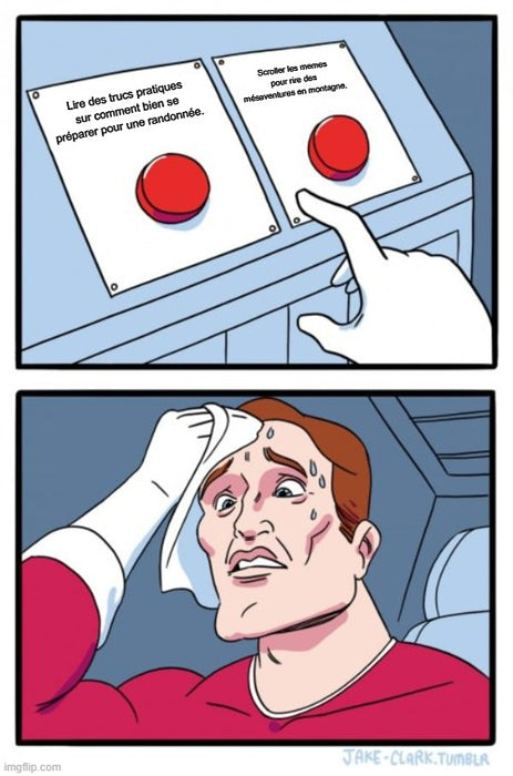 Deux boutons où il y a deux choix d'articles de blogue - meme de randonnée