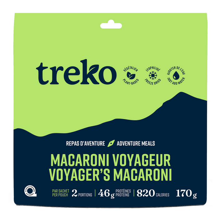 Treko Voyager's Macaroni freeze-dried adventure meal package in green with navy mountain silhouette