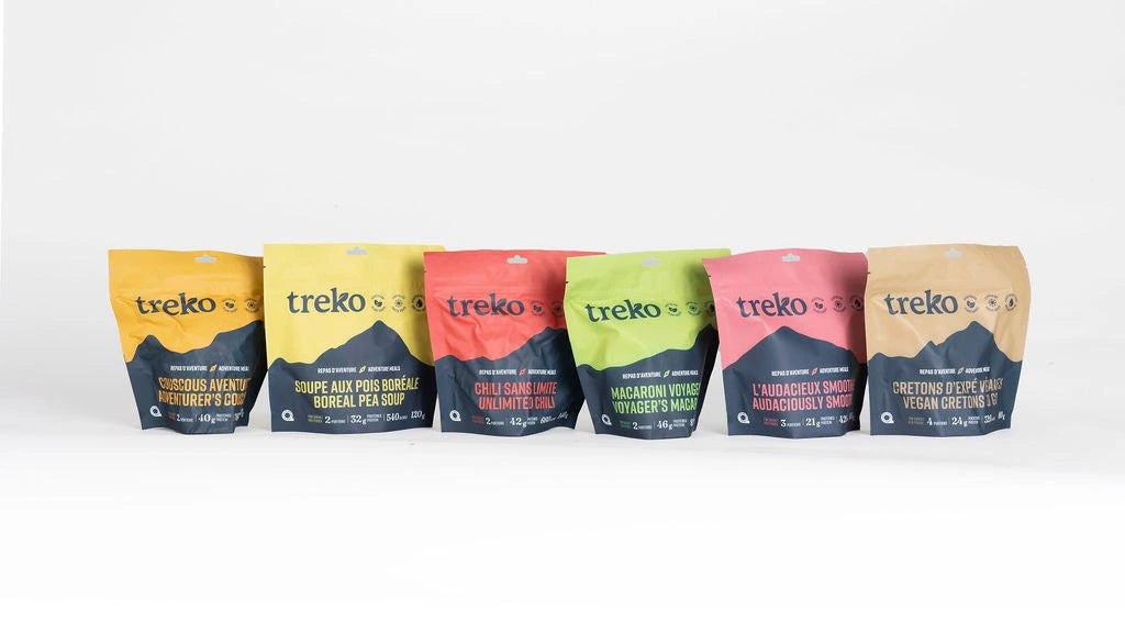 Complete Treko freeze-dried vegan camping meal collection in colorful pouches for outdoor adventures