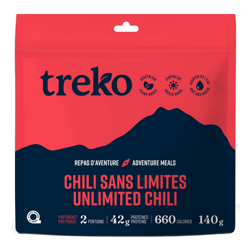 Treko Unlimited Chili freeze-dried meal package in vibrant red with mountain silhouette design