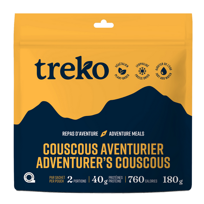 Treko Adventurer's Couscous vegan freeze-dried meal package in orange with blue mountain graphics