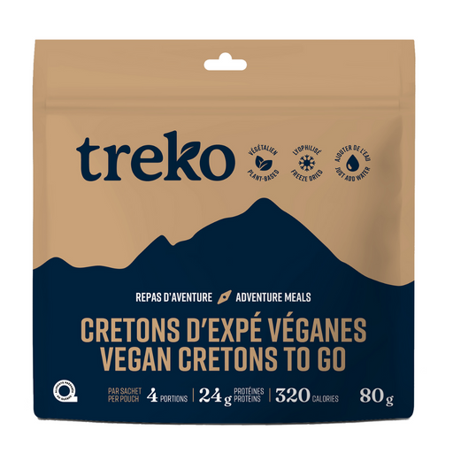Treko Vegan Cretons To Go plant-based freeze-dried snack in tan packaging with mountain design