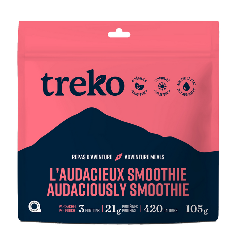 Treko Audaciously Smoothie freeze-dried drink mix in pink packaging featuring mountain landscape