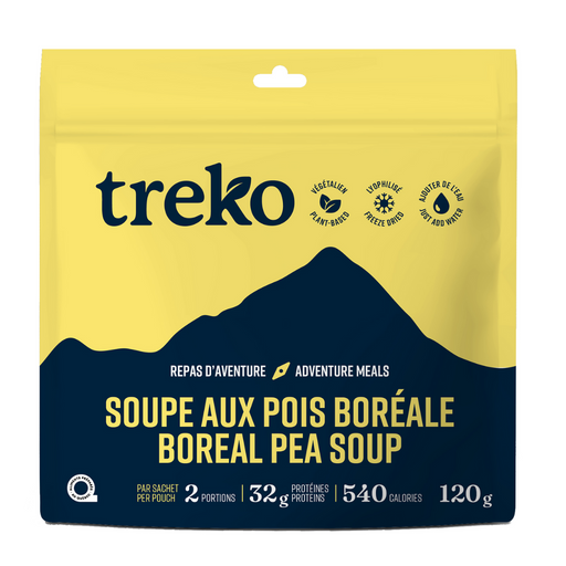 Treko Boreal Pea Soup traditional Quebec freeze-dried meal in yellow package with mountain design